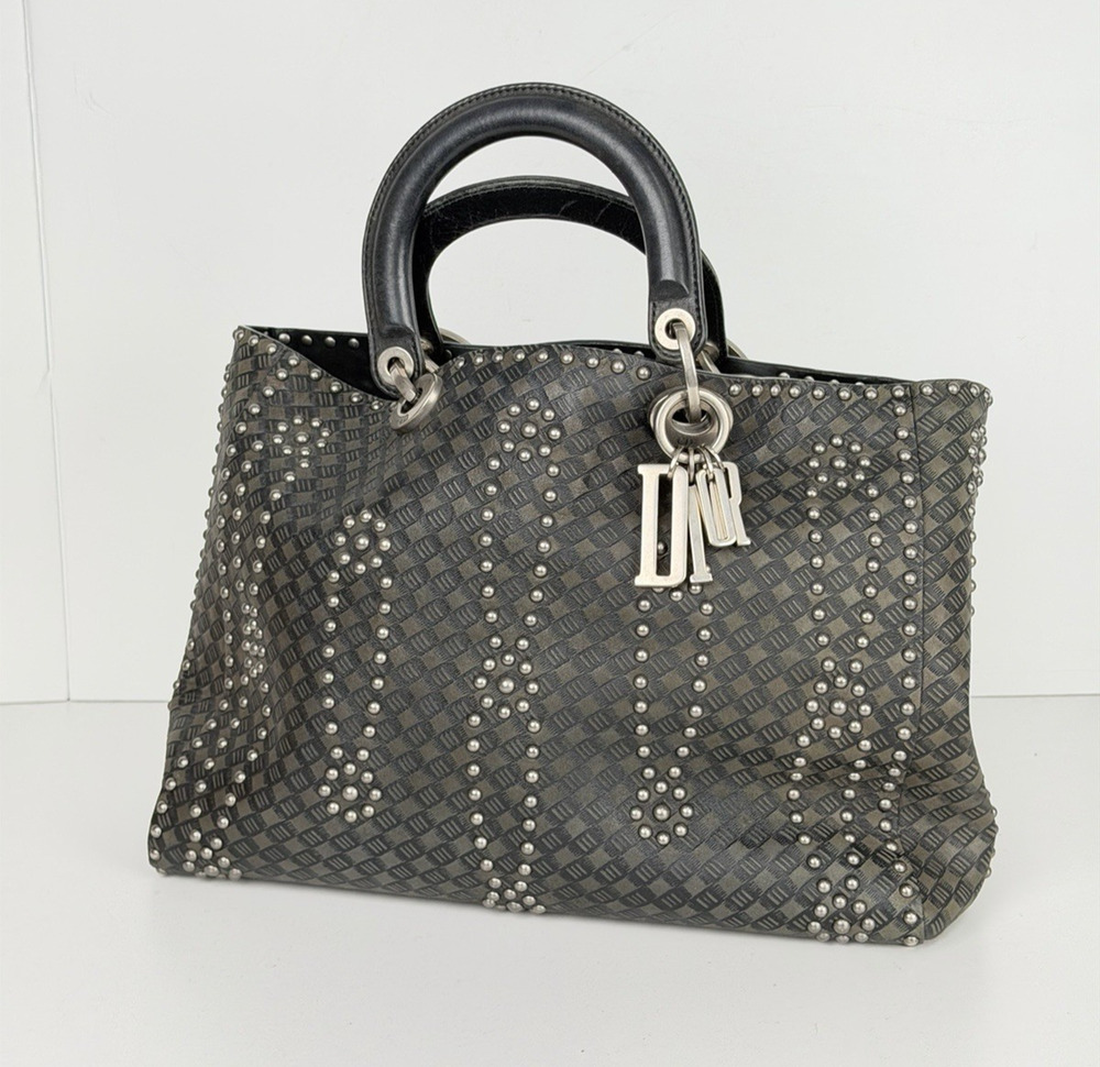 Christian Dior Lady Dior Studded Medium Top Handle Bag Black Leather NFC D8